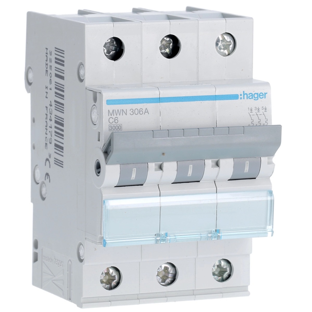 Disjoncteur 3kA - courbe C - tripolaire 3P/ 6A MWN306A Hager