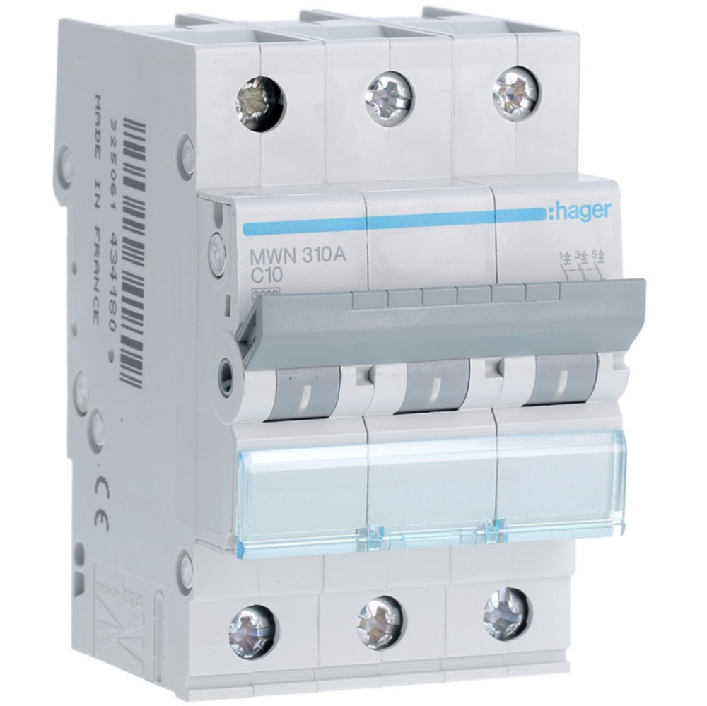 Disjoncteur 3kA - courbe C - tripolaire 3P/10A MWN310A Hager