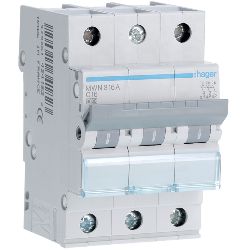 Disjoncteur 3kA - courbe C - tripolaire 3P/16A MWN316A Hager