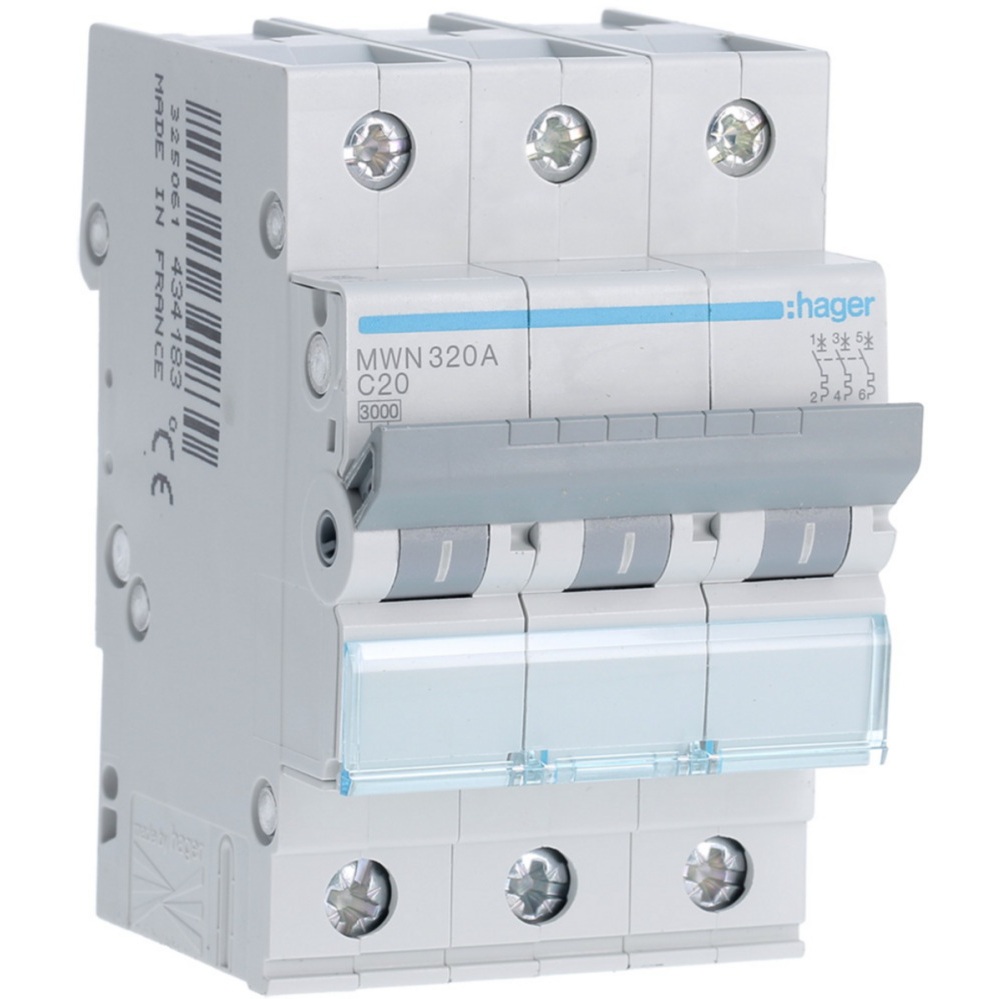 Disjoncteur 3kA - courbe C - tripolaire 3P/20A MWN320A Hager