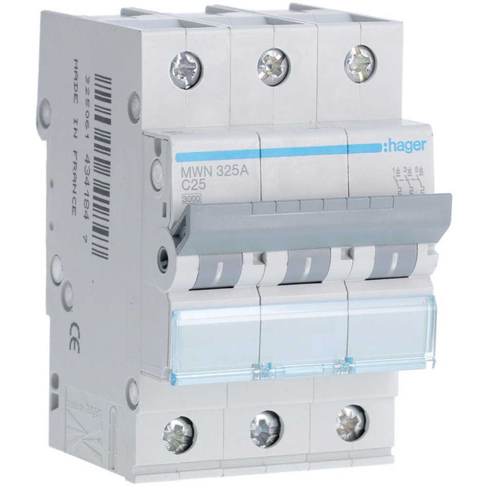 Disjoncteur 3kA - courbe C - tripolaire 3P/25A MWN325A Hager