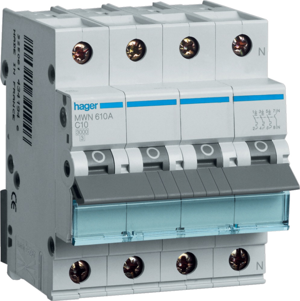 Disjoncteur 3kA - courbe C - tétrapolaire 4P/10A MWN610A Hager