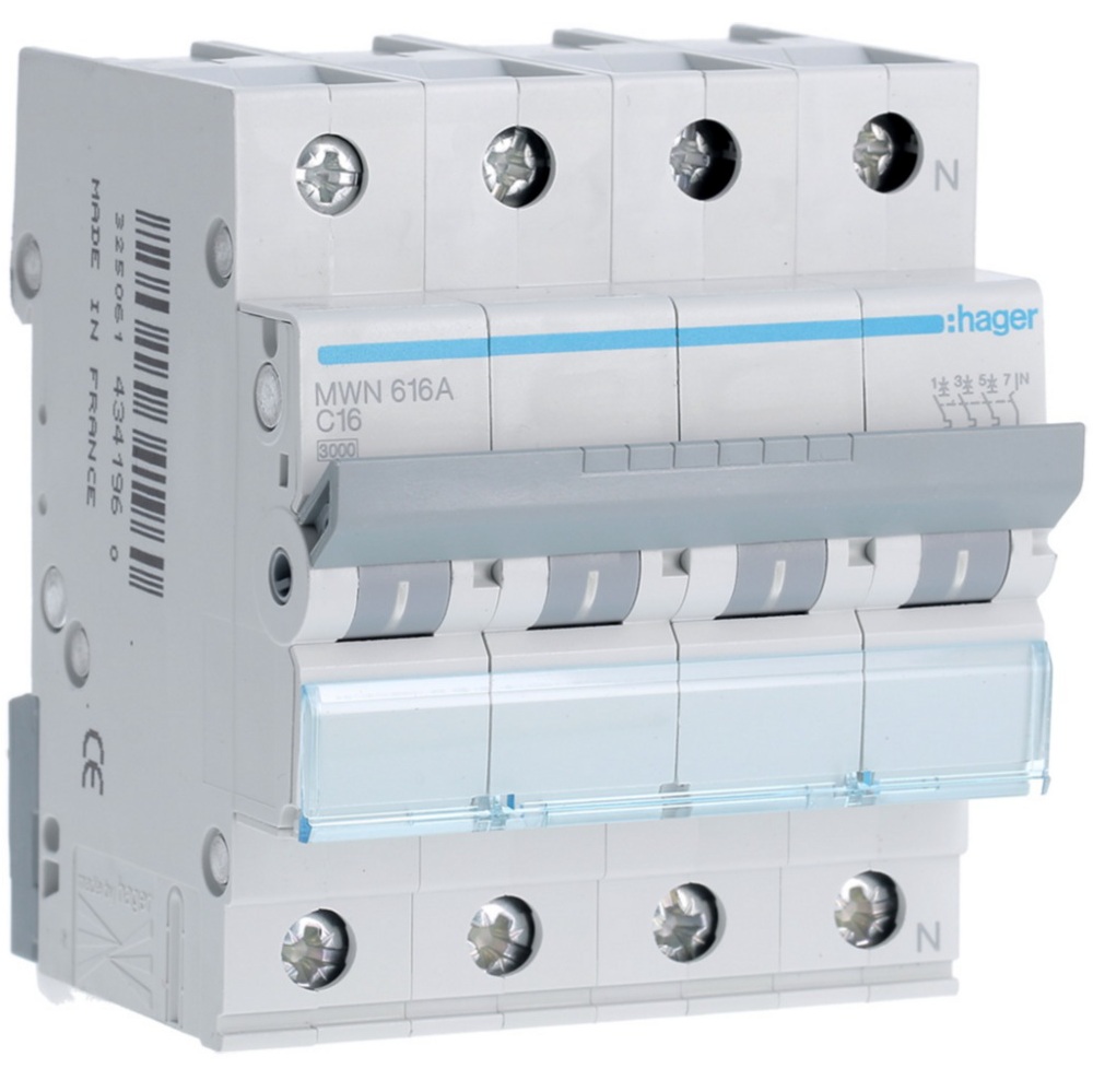 Disjoncteur 3kA - courbe C - tétrapolaire 4P/16A MWN616A Hager