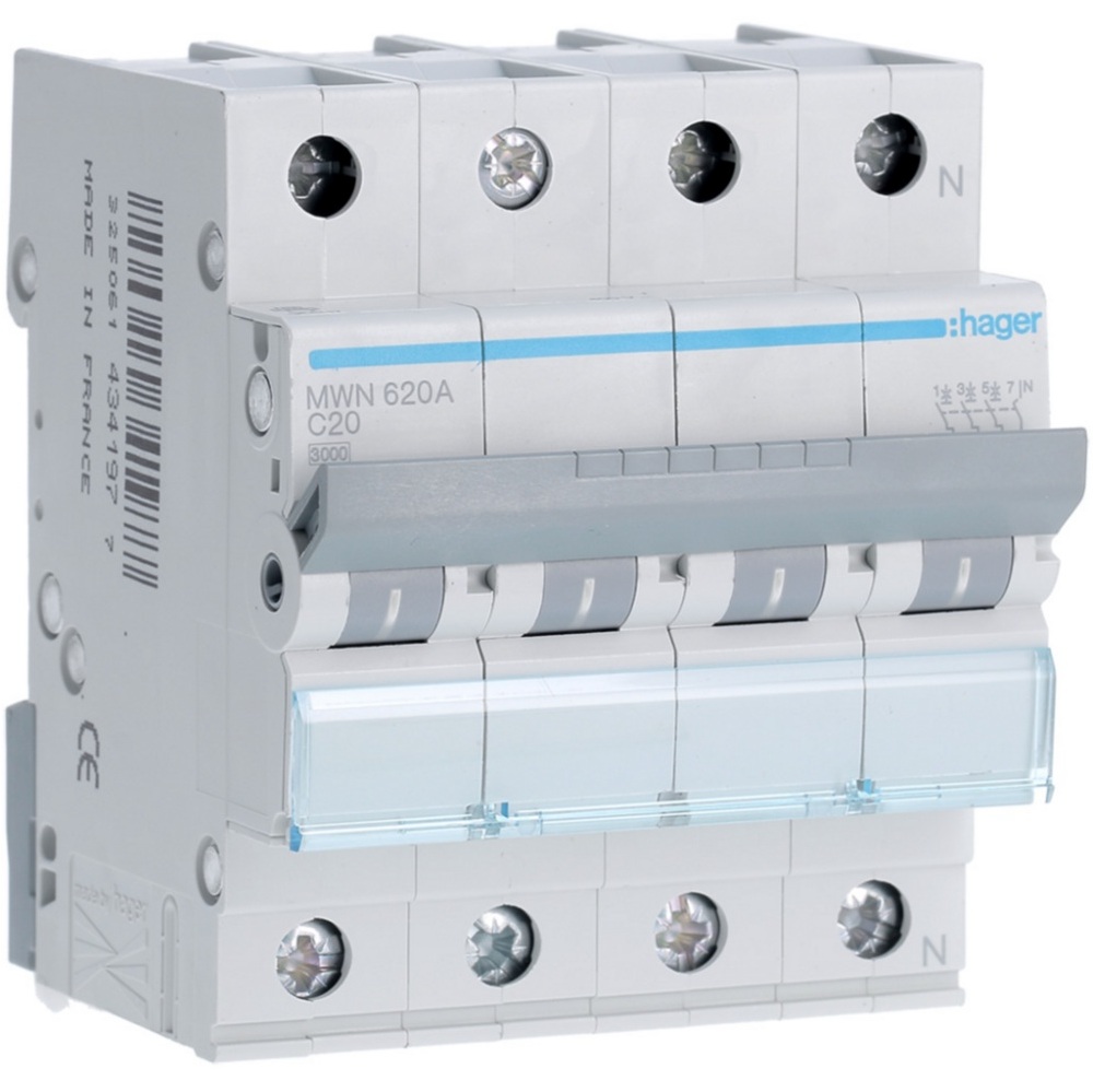 Disjoncteur 3kA - courbe C - tétrapolaire 4P/20A MWN620A Hager