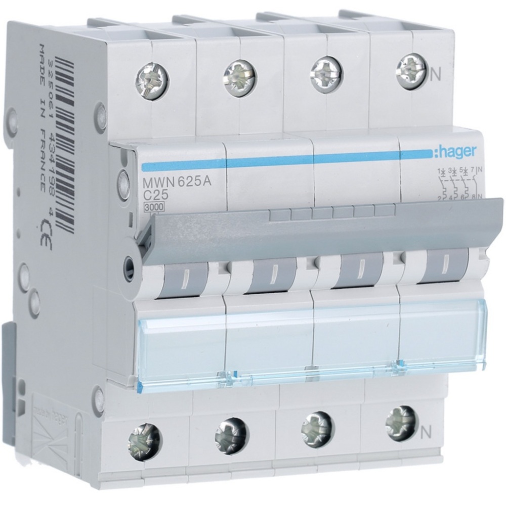 Disjoncteur 3kA - courbe C - tétrapolaire 4P/25A MWN625A Hager