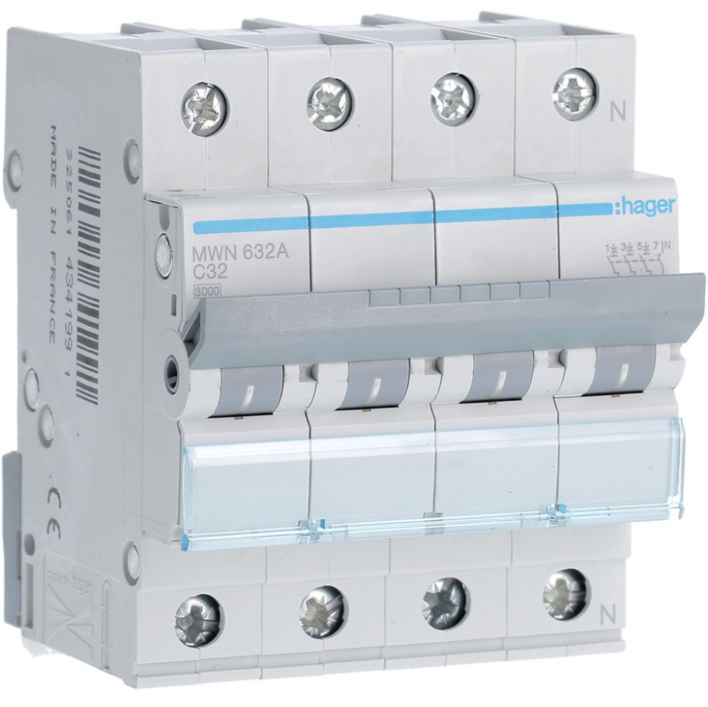 Disjoncteur 3kA - courbe C - tétrapolaire 4P/32A MWN632A Hager