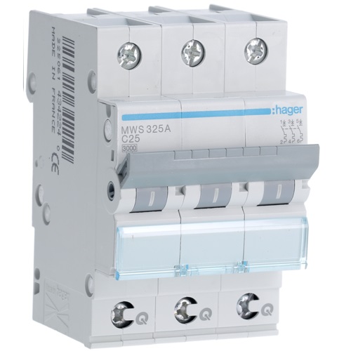 Disjoncteur 3kA - courbe C - tripolaire 3P/25A Quick Connect MWS325A Hager