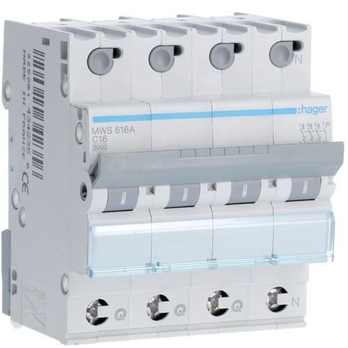 Disjoncteur 3kA - courbe C - tétrapolaire 4P/16A Quick Connect MWS616A Hage