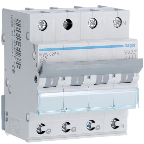 Disjoncteur 3kA - courbe C - tétrapolaire 4P/25A Quick Connect MWS625A Hager