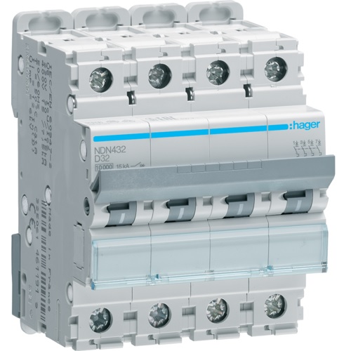 Disjoncteur 10kA - courbe D - tétrapolaire 4P/32A NDN432 Hager