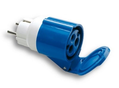 Adaptateur fiche mâle 16A/230V 2P+T et fiche femelle CE bleue 16A/230V 2P+T IP44