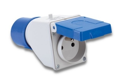 Adaptateur fiche mâle CE bleue 16A/230V 2P+T IP44 et fiche femelle 16A/230V 2P+T