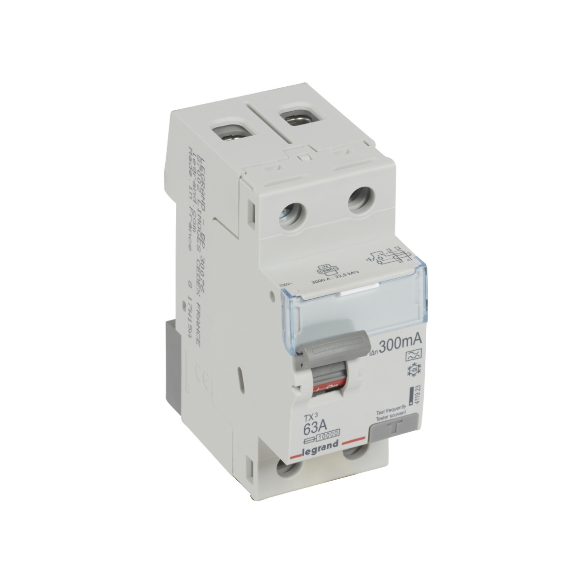 Interrupteur différentiel type A bipolaire 2P/63A - 300mA TX³ Legrand