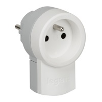Fiche mâle PVC blanc 2P+T 16A à sortie latérale avec adaptateur femelle Legrand