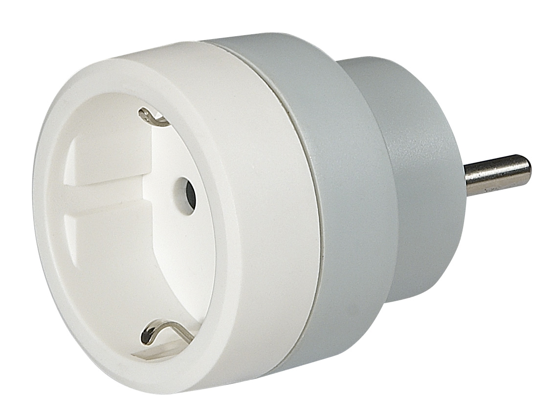 Adaptateur pour fiche mâle 16A/230V 2P+T Schuko (DE, AT, PT, ES, HU, GR, ...) sur prise avec broche de terre (BE/FR) Legrand