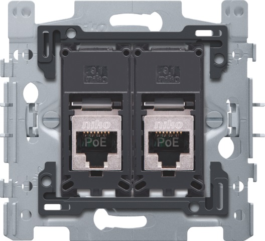 Socle prise informatique RJ45 double fixation à griffes prêt PoE++ STP CAT 5E Niko