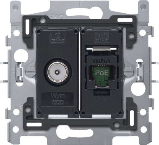 Socle combiné prise informatique RJ45 (UTP5) prêt PoE++ et prise TV agréée Telenet Interkabel Voo Niko