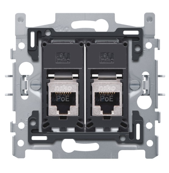 Socle prise informatique RJ45 double fixation à griffes prêt PoE++ STP CAT 6A Niko