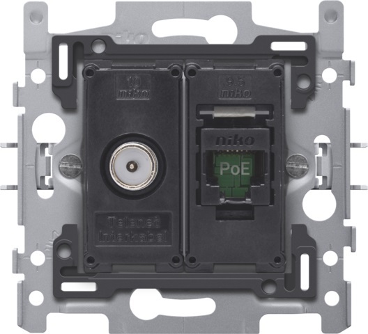 Socle combiné prise informatique RJ45 (UTP6) prêt PoE++ et prise TV agréée Telenet Interkabel Voo Niko