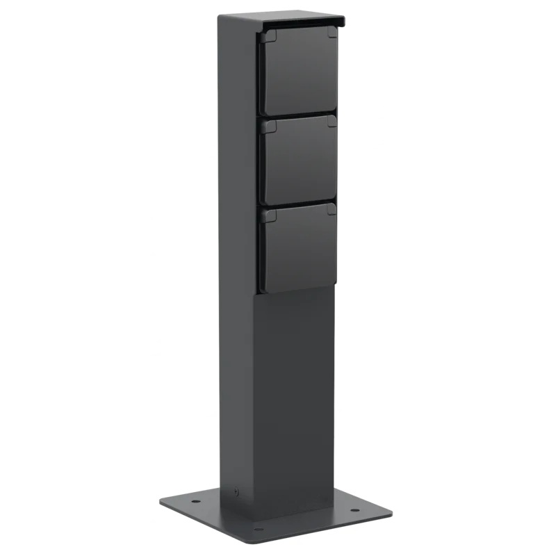Borne de jardin noire avec 3 prises 16A+T étanches et socle à visser Niko