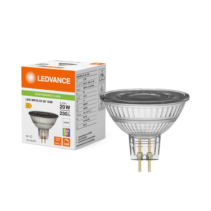 Lampe Led dimmable MR16 20 Ø50/2.2W/36°/4000K/230Lm/600cd/25000h/12V/GU5.3 blanc froid Ledvance® Osram