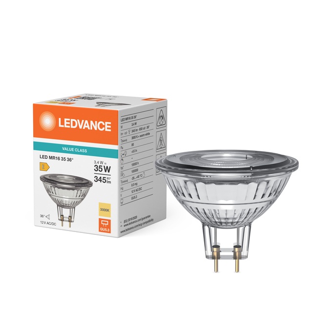Lampe Led non dimmable MR16 35 Ø50/3.4W/36°/3000K/345Lm/650cd/15000h/12V/GU5.3 blanc chaud Ledvance® Osram