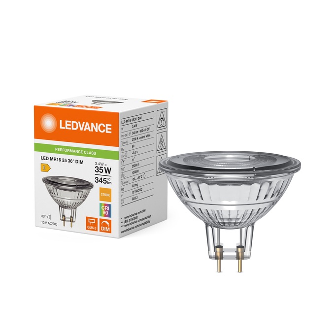 Lampe Led dimmable MR16 35 Ø50/3.4W/36°/2700K/345Lm/800cd/25000h/12V/GU5.3 blanc chaud Ledvance® Osram