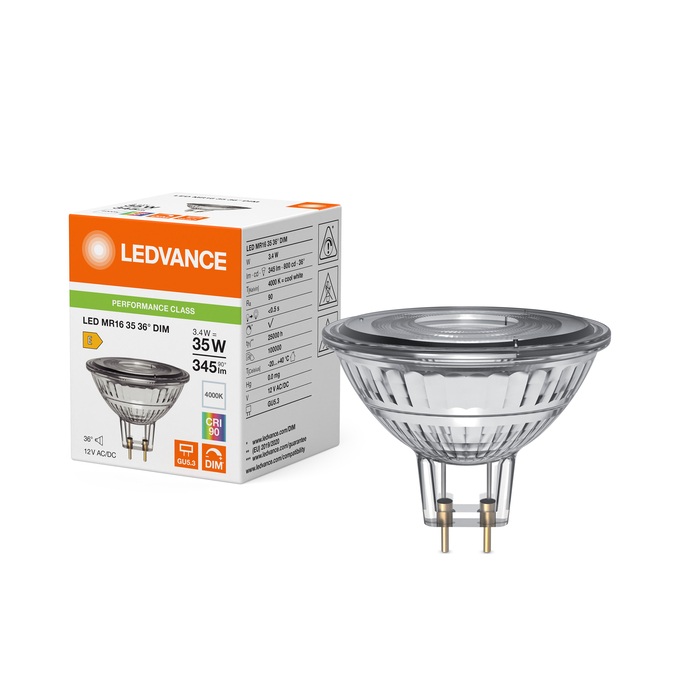Lampe Led dimmable MR16 35 Ø50/3.4W/36°/4000K/345Lm/800cd/25000h/12V/GU5.3 blanc froid Ledvance® Osram