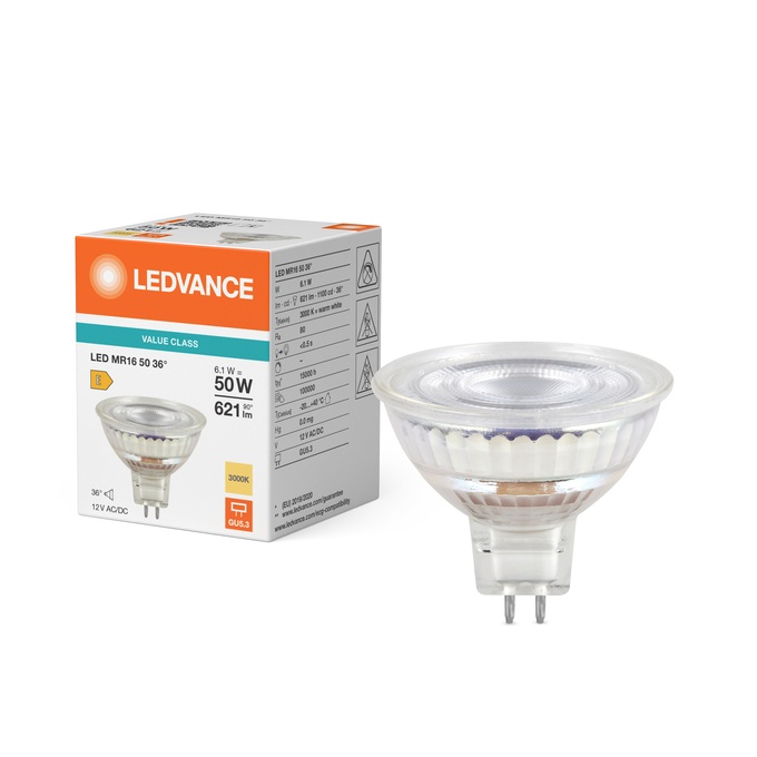 Lampe Led non dimmable MR16 50 Ø50/6.1W/36°/3000K/621Lm/1100cd/15000h/12V/GU5.3 blanc chaud Ledvance® Osram