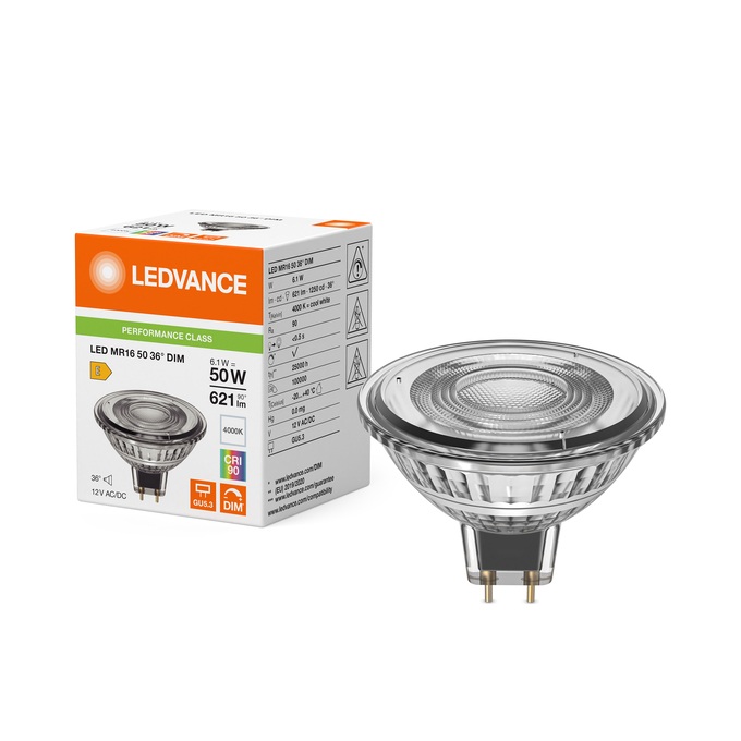 Lampe Led dimmable Parathom Advanced MR16 50 Ø50/6.1W/36°/4000K/621Lm/1250cd/25000h/12V/GU5.3 blanc froid Ledvance® Osram