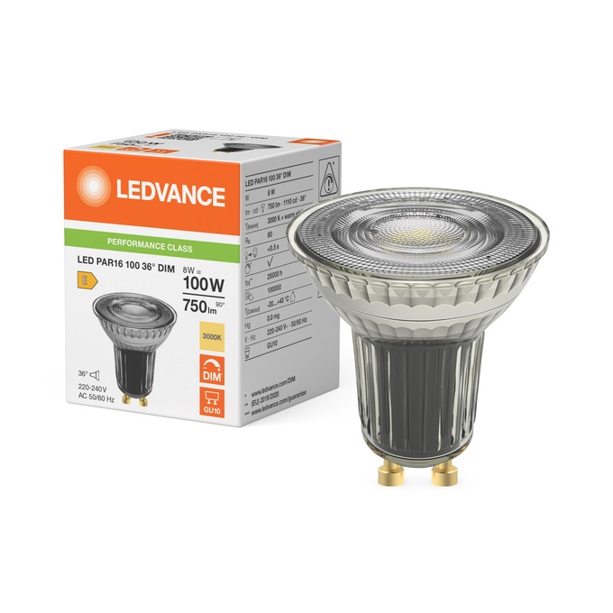 Lampe Led dimmable PAR16 100 Ø50/8W/36°/3000K/750Lm/960cd/25000h/230V/GU10 blanc chaud Ledvance® Osram
