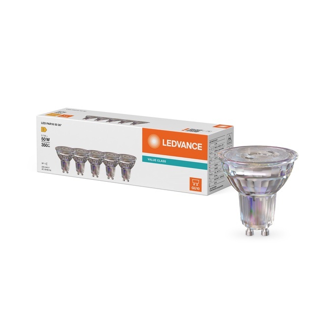 Lampe Led non dimmable PAR16 50 Ø50/3.7W/36°/2700K/350Lm/ 600cd/10000h/230V/GU10 blanc très chaud Ledvance® Osram (pack 5 pièces)