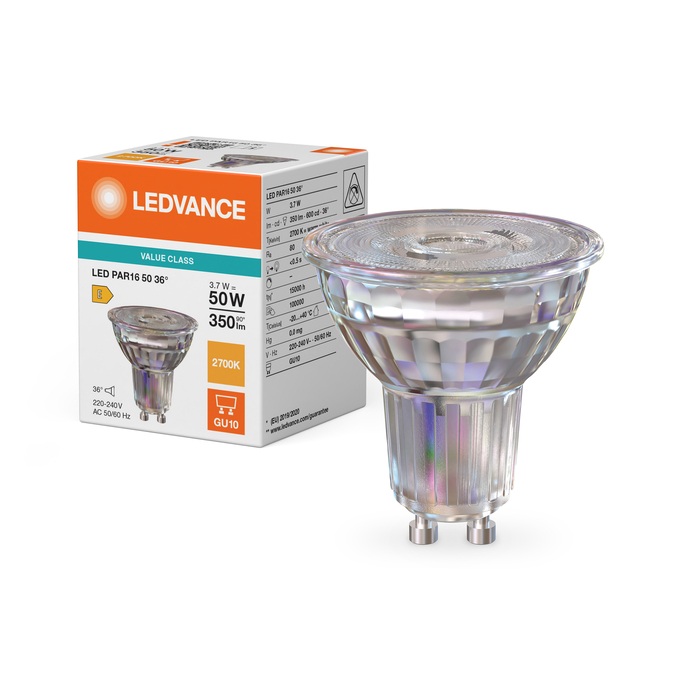 Lampe Led non dimmable PAR16 50 Ø50/3.7W/36°/2700K/350Lm/600cd/15000h/230V/GU10 blanc très chaud Ledvance® Osram