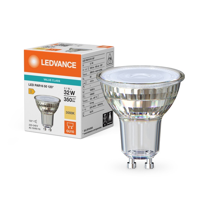 Lampe Led non dimmable PAR16 50 Ø50/3.1W/120°/3000K/350Lm/100cd/15000h/230V/GU10 blanc chaud Ledvance® Osram