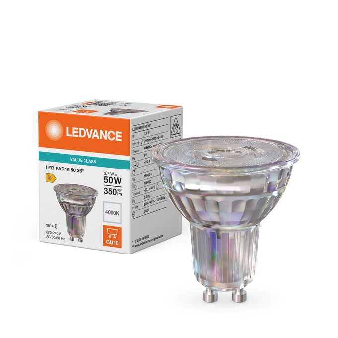 Lampe Led non dimmable PAR16 50 Ø50/3.7W/36°/4000K/350Lm/600cd/15000h/230V/GU10 blanc froid Ledvance® Osram