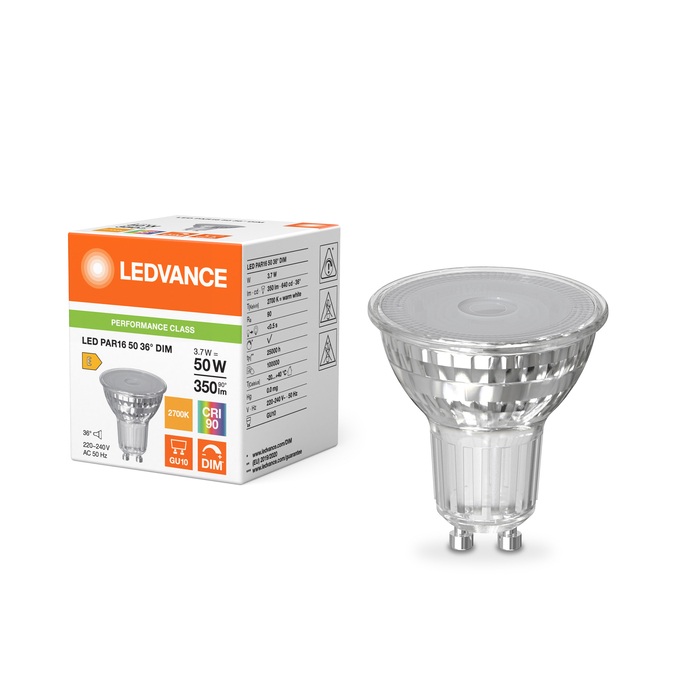 Lampe Led dimmable PAR16 50 Ø50/3.7W/36°/2700K/350Lm/640cd/25000h/230V/GU10 blanc très chaud Ledvance® Osram