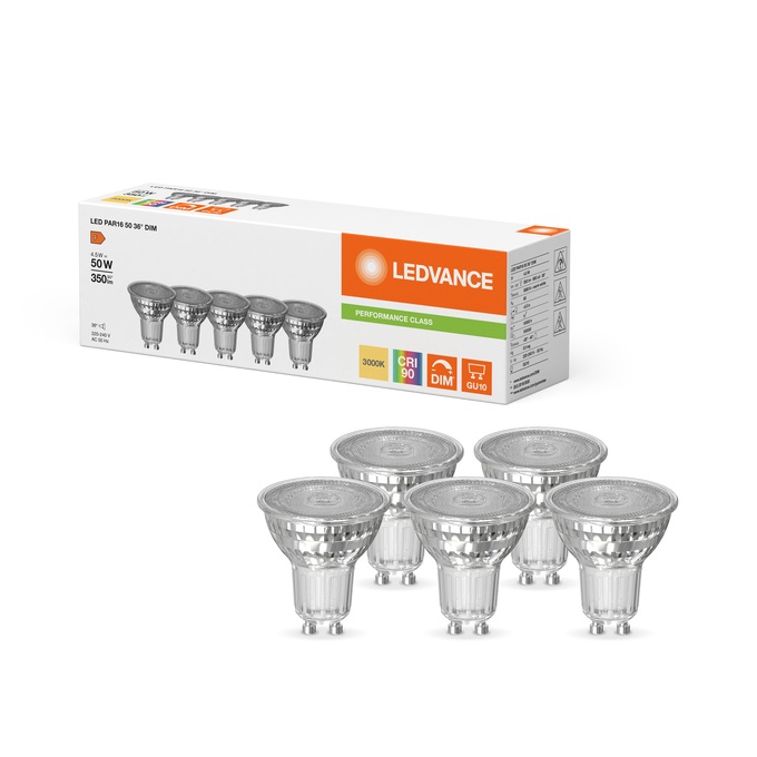 Lampe Led dimmable PAR16 50 Ø50/4.5W/36°/3000K/350Lm/680cd/15000h/230V/GU10 blanc chaud Ledvance® Osram (pack 5 pièces)