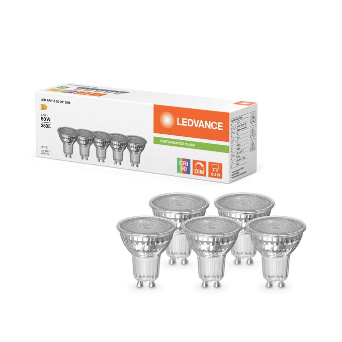 Lampe Led dimmable PAR16 50 Ø50/3.7W/36°/4000K/350Lm/640cd/15000h/230V/GU10 blanc froid Ledvance® Osram (pack 5 pièces)