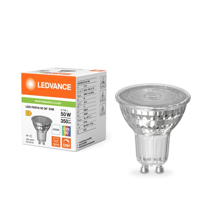 Lampe Led dimmable PAR16 50 Ø50/3.7W/36°/4000K/350Lm/640cd/25000h/230V/GU10 blanc froid Ledvance®  Osram