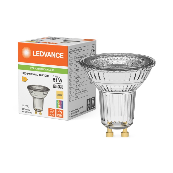 Lampe Led dimmable PAR16 51 Ø50/6.9W/120°/3000K/650Lm/240cd/25000h/230V/GU10 blanc chaud Ledvance® Osram
