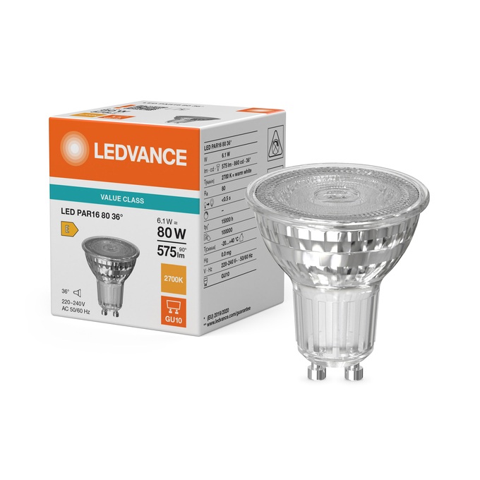 Lampe Led non dimmable PAR16 80Ø50/6.1W/36°/2700K/575Lm/860cd/15000h/230V/GU10 blanc très chaud Ledvance® Osram
