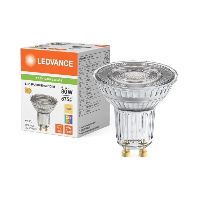 Lampe Led dimmable PAR16 80 Ø50/6.1W/60°/3000K/575Lm/600cd/25000h/230V/GU10 blanc chaud Ledvance® Osram