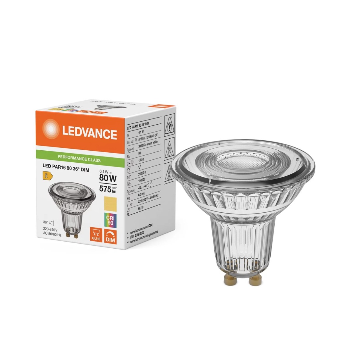 Lampe Led dimmable PAR16 80 Ø50/6.1W/36°/4000K/575Lm/1250cd/25000h/230V/GU10 blanc froid Ledvance® Osram
