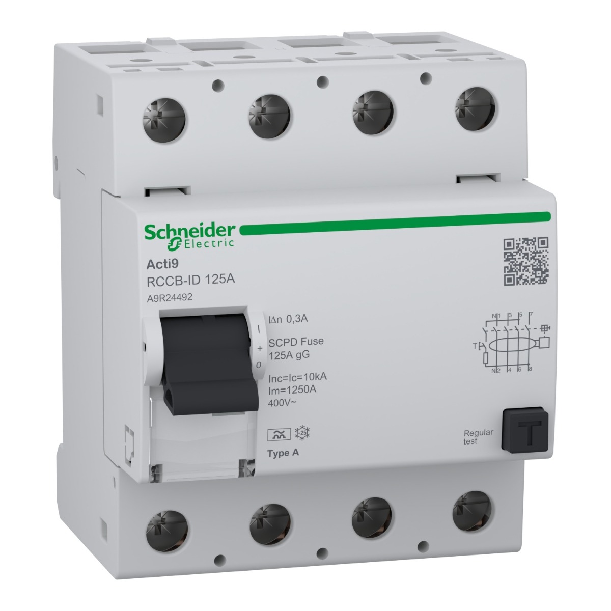 Interrupteur différentiel Acti 9 - ilD type A tétrapolaire 4P/125A - 300mA RCCB-ID A9R24492 Schneider Electric