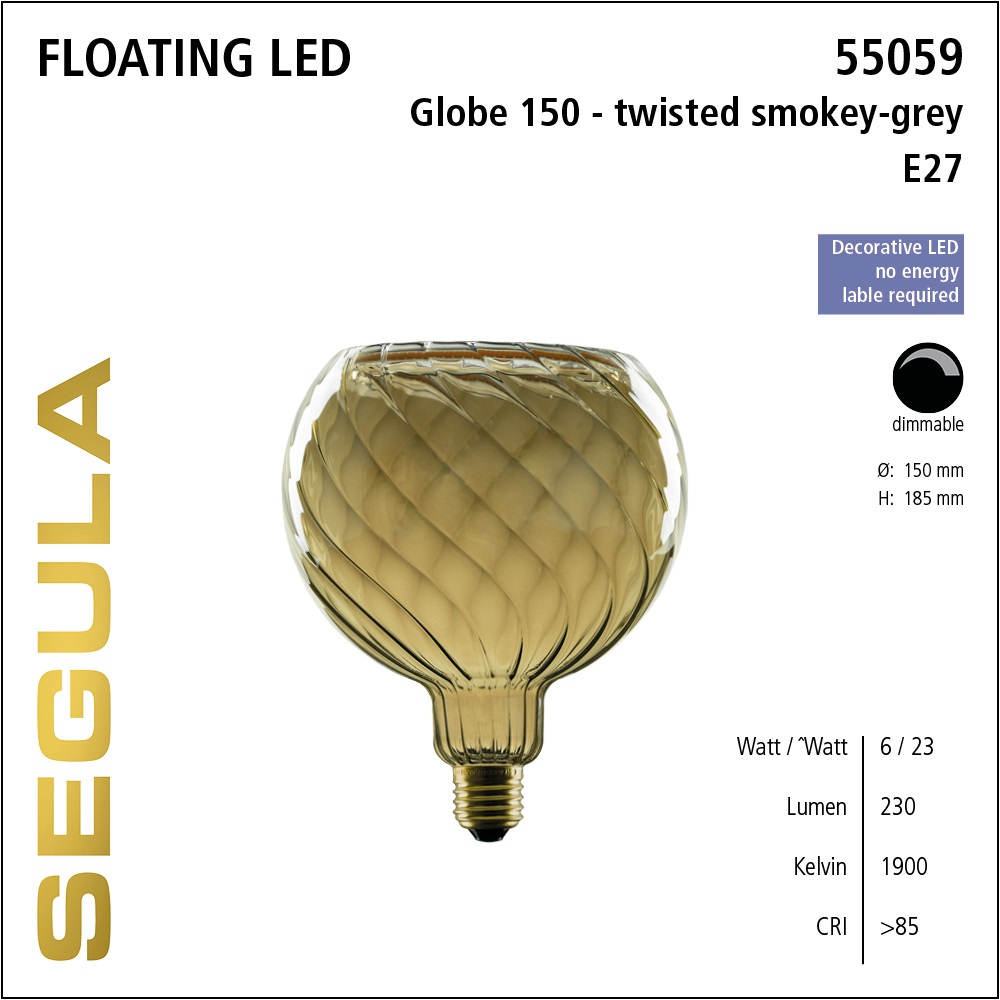 Dimmable floating Led Globe 150 twisted smokey grey 6W/Ø150/1900K/Cri 85/E27/230Lm blanc chaud SG-55059 Segula