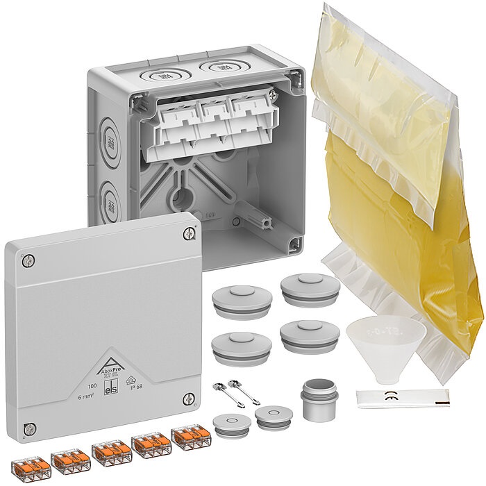 Boîte de dérivation grise avec membranes, 5 bornes Wago et résine IP68 152x152x85mm Abox Pro XT SL-6² Spelsberg