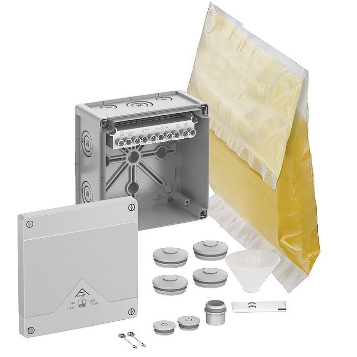 Boîte de dérivation grise avec membranes, bornier et résine IP68 152x152x85mm Abox Pro XT-10² Spelsberg