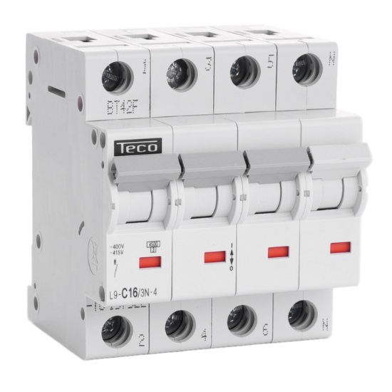 Disjoncteur 4.5kA - courbe C - tétrapolaire 4P/16A L9C163N4 Teco