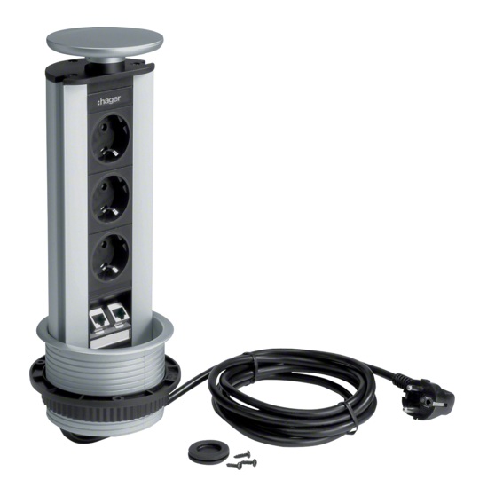 Bloc multiprises téléscopiques 3 prises 16A+T et 2 RJ45 Cat.6 pour encastrement dans plan de travail G7345LAN Tehalit