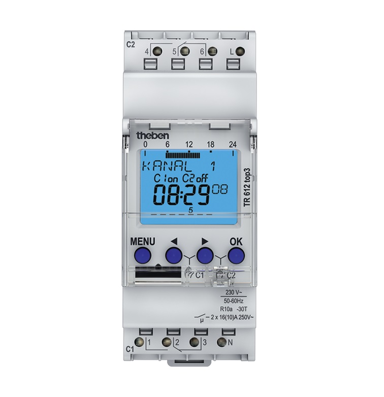 Interrupteur horaire digital 230V 2 contacts inverseurs 16A TR612 Top3 Theben